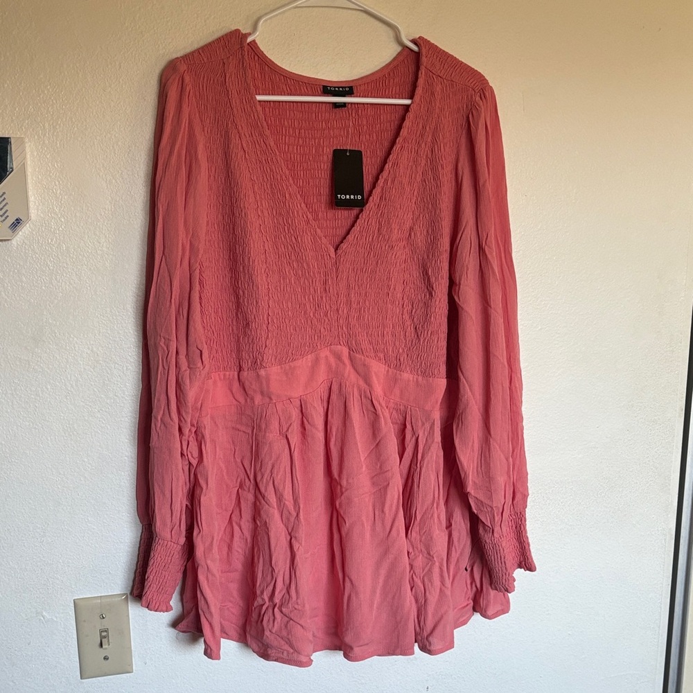 Torrid Pink Long Sleeve V-Neck Dress